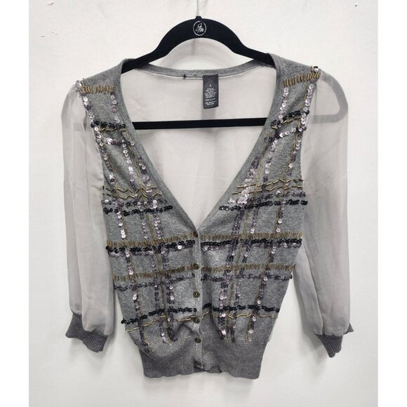 BKE the Buckle Womens Cardigan Small Gray Sheer Contrast Knit Sequin Embellished - Picture 1 of 7